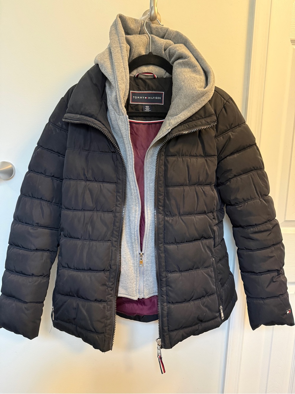Tommy Hilfiger Black Puffer Jacket with Gray Hoodie Layer and Maroon Lining